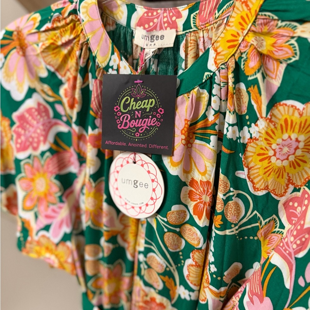 Umgee Dress Floral Flutter-Sleeve Maxi Button-Down Green Pink & Yellow US Large